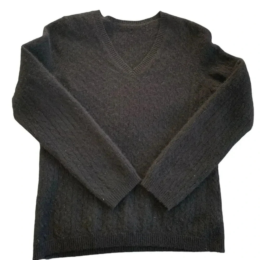 Black Cable Knit V Neck Sweater Fishermancore Cozy Winter Cashmere XS